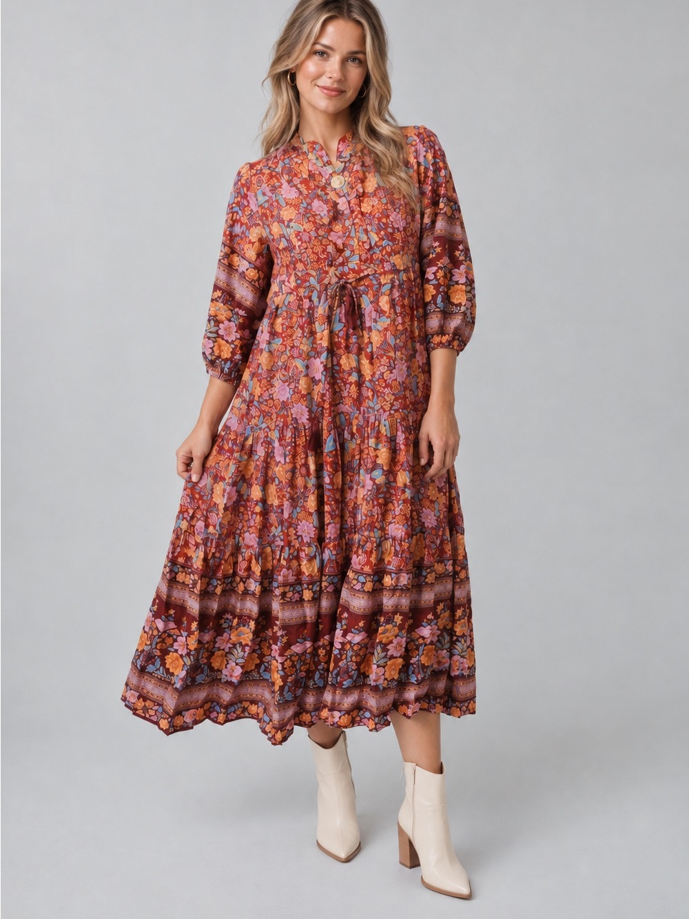Easel Bohemian Peasant Sleeve Burgundy Floral Midi Maxi Prairie Dress Size MED